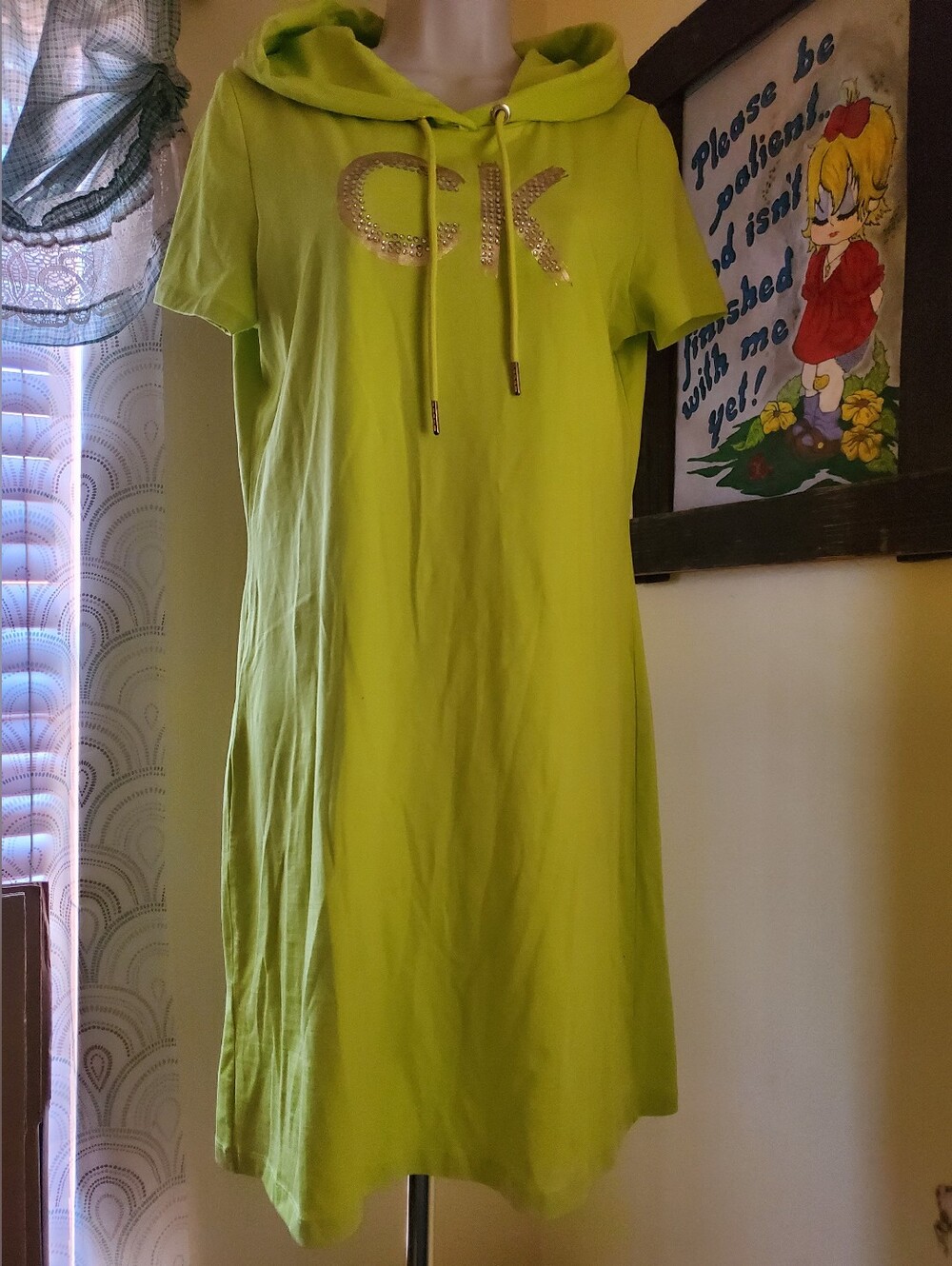 Calvin Klein Lime Green Hooded Short Sleeve Dress with Rhinestone CK